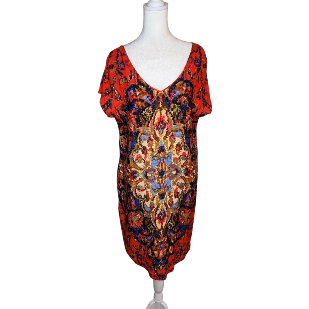 Maeve Medallion Print Shift Dress Red V Neck Short Sleeve Size Medium